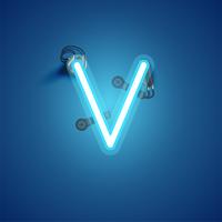 Blue realistic neon character with wires and console from a fontset, vector illustration