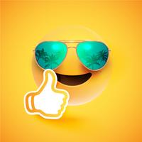 Realistic emoticon with sunglasses and thumbs up, vector illustration