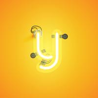 Yellow realistic neon character with wires and console from a fontset, vector illustration