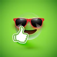 Realistic emoticon with sunglasses and thumbs up, vector illustration