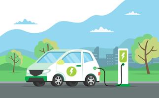 Electric car charging its battery with natural landscape, concept illustration for green environment, ecology, sustainability, clean air, future. Vector illustration in flat style. 