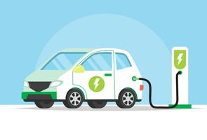 Coche eléctrico que carga su batería, ilustración del concepto para el medio ambiente verde, ecología, sostenibilidad, aire limpio, futuro. Ilustración del vector en estilo plano.