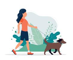 Mujer feliz con un perro en el parque. Vector el ejemplo en estilo plano, ejemplo del concepto para la forma de vida sana, deporte, ejercitando.