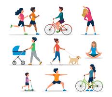 People doing various outdoor activities, isolated. Running, on bike, on scooter, walking the dog, exercising, meditating, walking with baby carriage. Vector illustration of healthy lifestyle.
