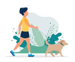 Hombre feliz con un perro en el parque. Vector el ejemplo en estilo plano, ejemplo del concepto para la forma de vida sana, deporte, ejercitando.