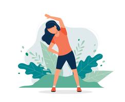 Happy woman exercising in the park.  vector