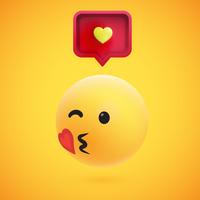 Cute high-detailed yellow 3D emoticon with speech bubble and heart for web, vector illustration