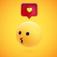 Cute high-detailed yellow 3D emoticon with speech bubble and heart for web, vector illustration