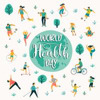 Día mundial de la salud. Ilustración vectorial de personas que llevan un estilo de vida activo y saludable. vector