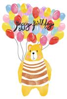 watercolour happy birthday card, bear holding colourful balloons vector