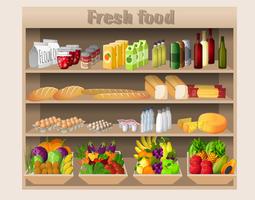 Supermarket shelves food and drinks vector