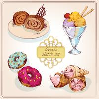 Sweets sketch colored set vector