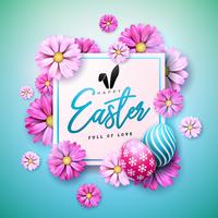 Happy Easter Holiday Design with Painted Egg and Spring Flower on Blue Background. vector