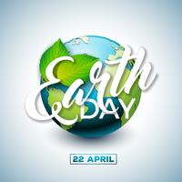 Earth Day illustration with Planet and Green Leaf. World map background on april 22 environment concept. vector