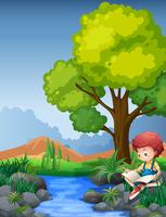 Little boy reading book by the river vector