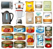 Alimentos enlatados y aparatos electrónicos de cocina. vector