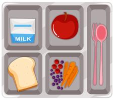 Canteen food with fruit and milk vector