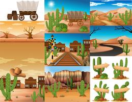 Escenas del desierto con cactus y edificios. vector