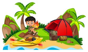 Little boy camping out on island vector