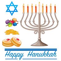 Feliz tema de Hannukkah con donuts y luces vector