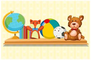 Doll and ball on wooden shelf vector