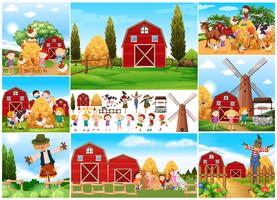 Children and scarecrow in farmyard vector