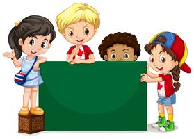 Children standing by the green board vector