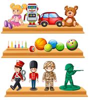 Diferentes muñecos y pelotas en estanterías. vector