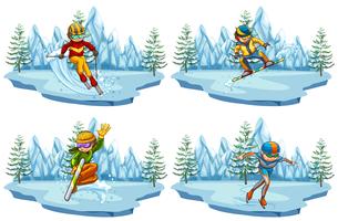 Four scenes with people playing ski and snowboarding vector