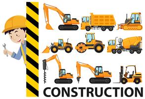 Worker and construction trucks vector