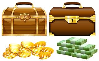 Two designs of chests with gold and money vector