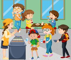 Children eating lunch in cafeteria vector