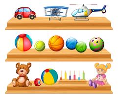 Diferentes tipos de pelotas y juguetes en estanterías. vector