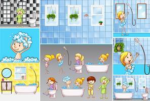 Escenas de baño con niños realizando diferentes actividades. vector