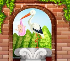 Bebé envuelto en tela rosa y pájaro en jardín. vector