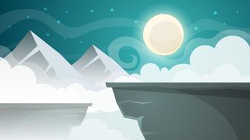 Cartoon night landscape. Mountain, moon illustration. vector
