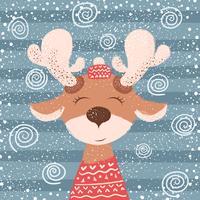 Cartoon funny deer character. Winter illustration. vector