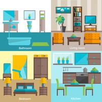 Interior rooms furnishing 4 flat icons vector