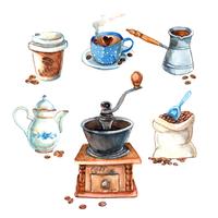 Hand drawn vintage watercolor coffee set vector