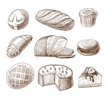Pastry and bread decorative icons set vector