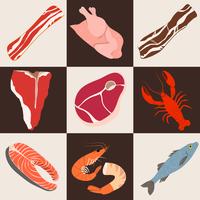 Pescado y carne iconos planos vector