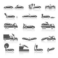 Iconos de accidente de coche blanco y negro vector