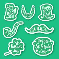 Set of seven stickers emblems with lettering leaf clover, beer mug, mustaches, beard, hat , smoking pipe , pot of gold coins. vector