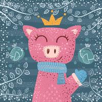 Cute winter pig - children illustration. vector