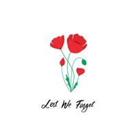 Anzac Day vector banner. Red Poppy flower illustration and lettering - Lest We forget.