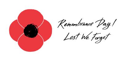 Anzac Day vector banner. Red Poppy flower illustration and lettering - Remembrance Day and Lest We forget.