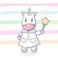 Ilustración linda, divertida del unicornio. Truco de magia y varita. vector