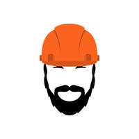 Portrait of a builder in an orange helmet with a beard and mustache. vector