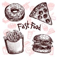 Conjunto de bocetos de comida rápida y bebidas. vector