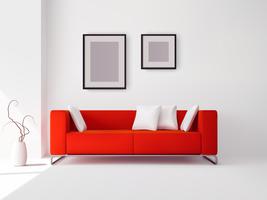 Sofá rojo con almohadas y marcos. vector